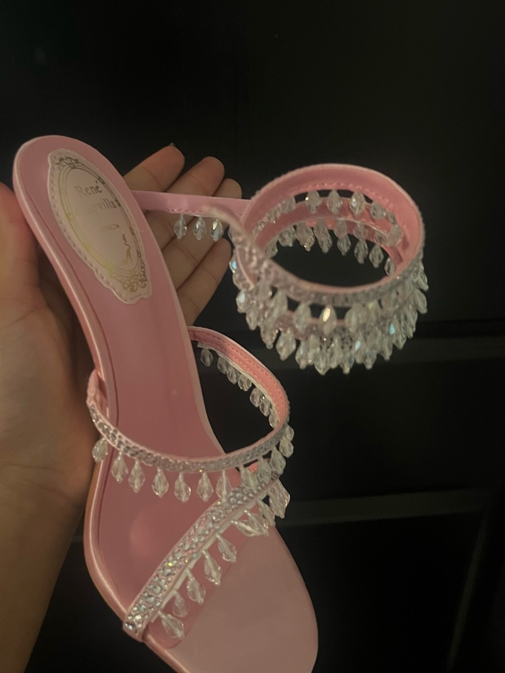 Rene Caovilla Pink Crystal Fringe Slide Sandals